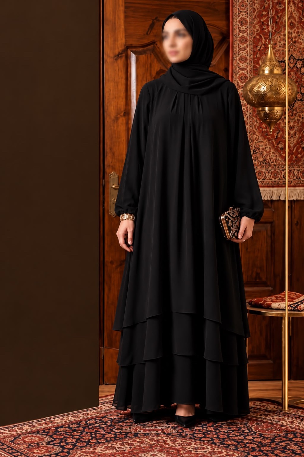 فستان اسود سادة كم طويل